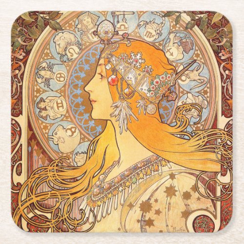 Alfonse Mucha Zodiac Art Nouveau Woman Square Paper Coaster