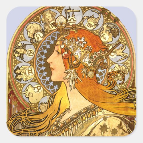 Alfonse Mucha Zodiac Art Nouveau Woman Square Sticker