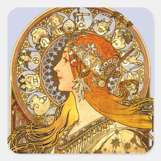 Alfonse Mucha Zodiac Art Nouveau Woman Square Sticker (Front)