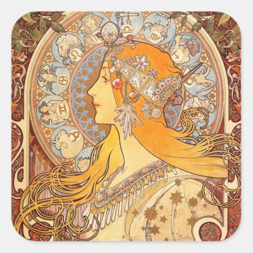 Alfonse Mucha Zodiac Art Nouveau Woman Square Sticker
