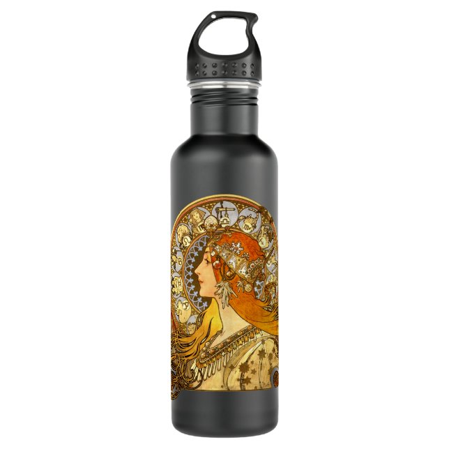 Alfonse Mucha Zodiac Art Nouveau Woman Stainless Steel Water Bottle (Front)