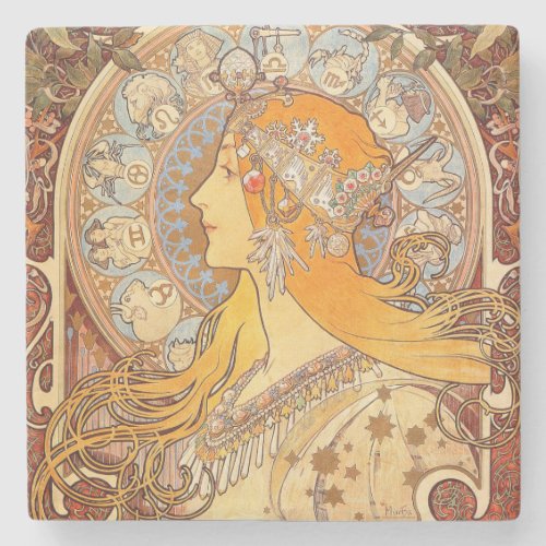Alfonse Mucha Zodiac Art Nouveau Woman Stone Coaster