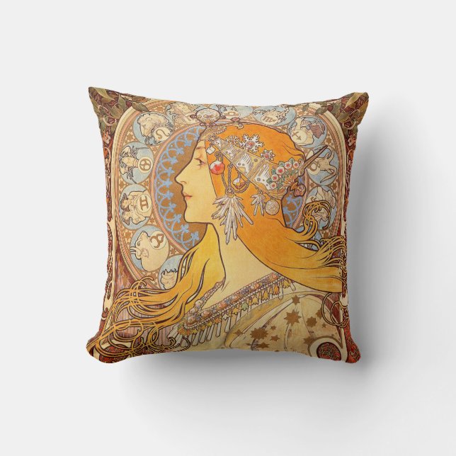 Alfonse Mucha Zodiac Art Nouveau Woman Throw Pillow (Front)