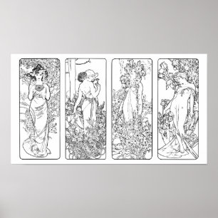 Alfonso Mucha - Four Seasons - black and white pos Poster