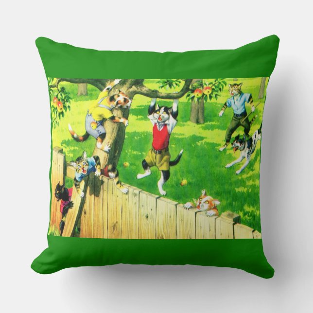 Alfred Mainzer cats climbing an apple tree Throw Pillow (Front)