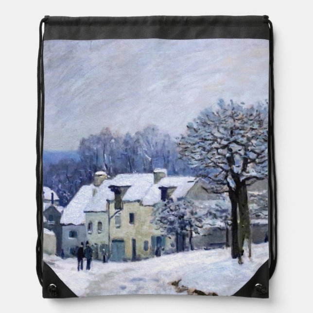 Alfred Sisley - Place Chenil in Marly, Snow Effect Drawstring Bag (Front)