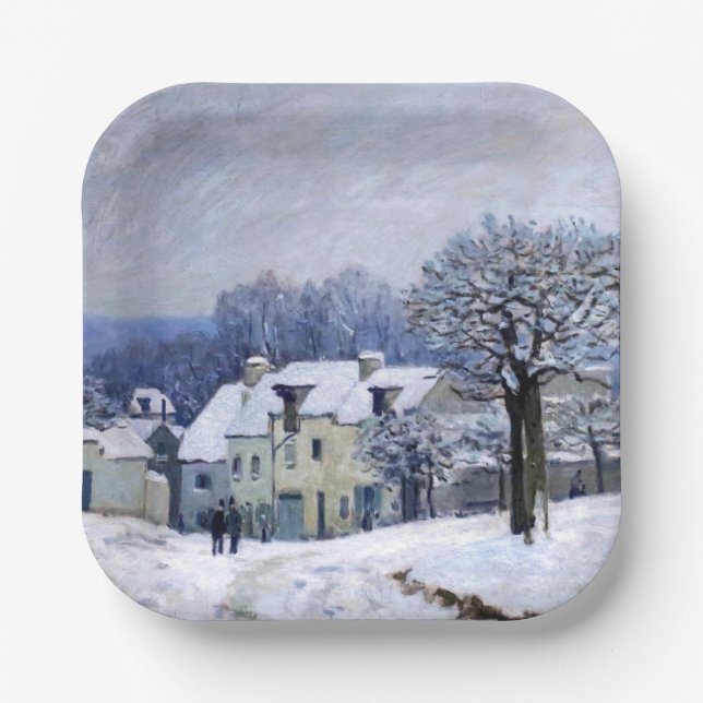 Alfred Sisley - Place Chenil in Marly, Snow Effect Paper Plates (Front)