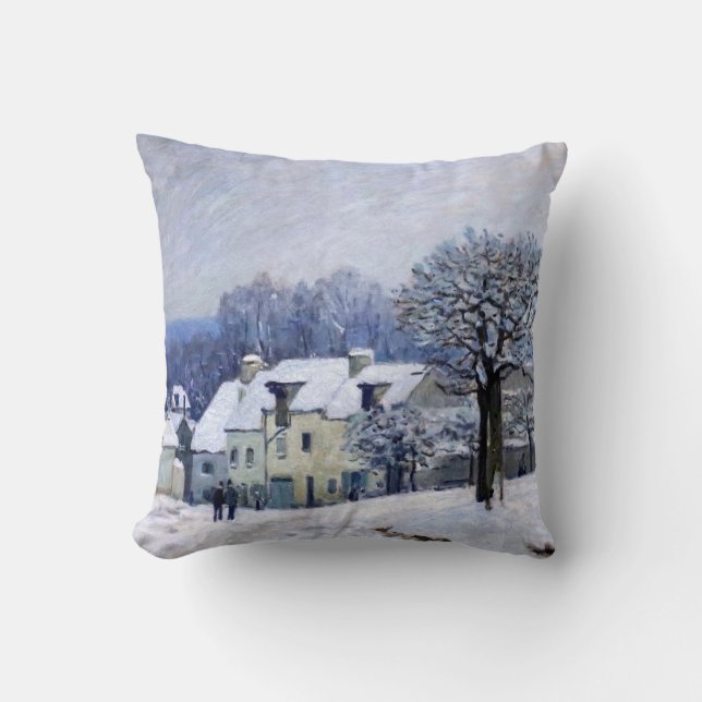 Alfred Sisley - Place Chenil in Marly, Snow Effect Throw Pillow (Front)
