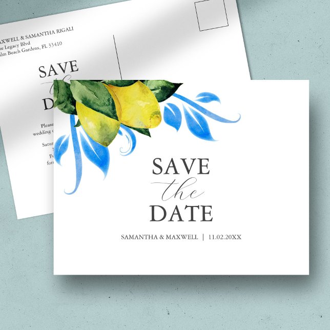 Alfresco Wedding Theme Save The Date Postcard (Destination weddings save the date postcards watercolor blue and yellow lemon citrus DoTellABelle)