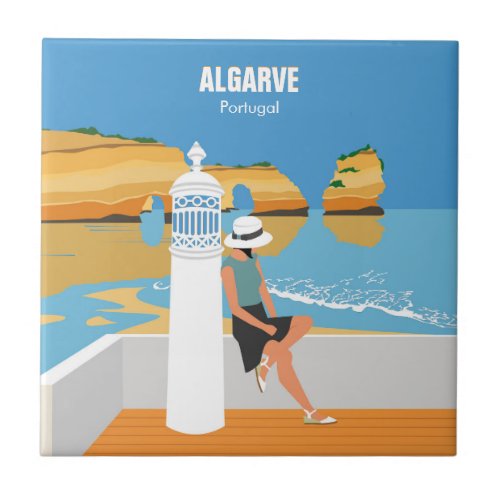 Algarve beach girl travel vintage style ceramic tile