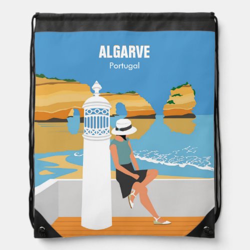 Algarve beach girl travel vintage style drawstring bag