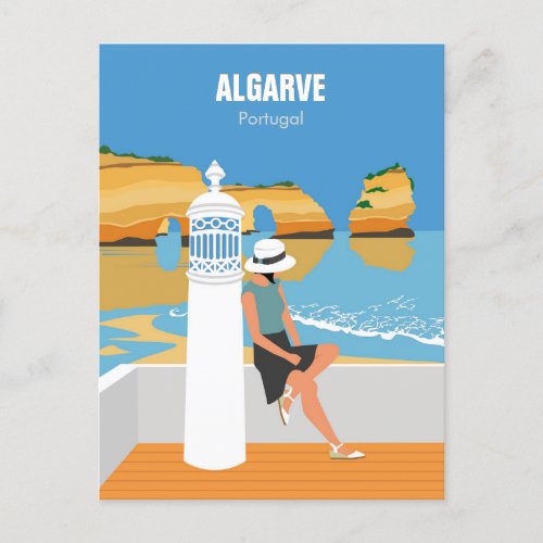Algarve beach girl travel vintage style postcard