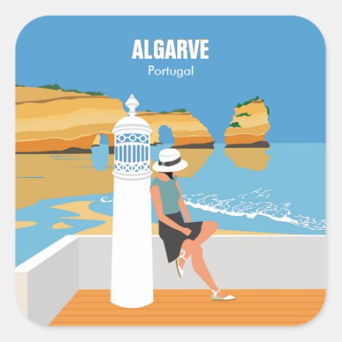 Algarve beach girl travel vintage style square sticker