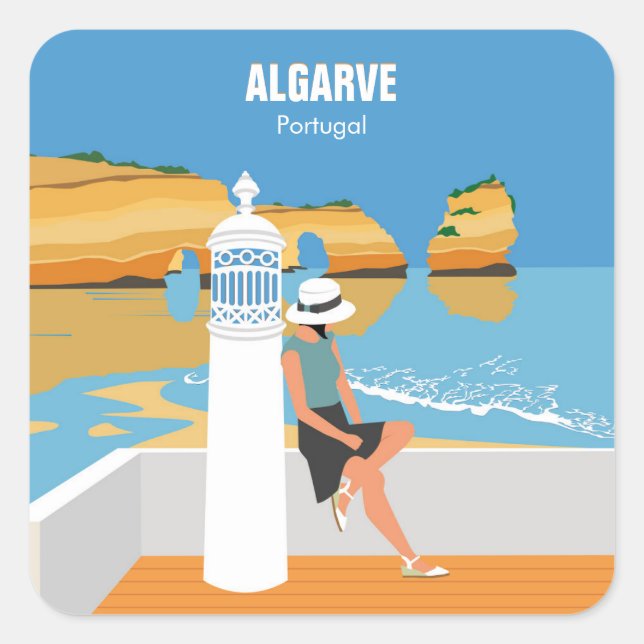 Algarve beach girl travel vintage style square sticker (Front)