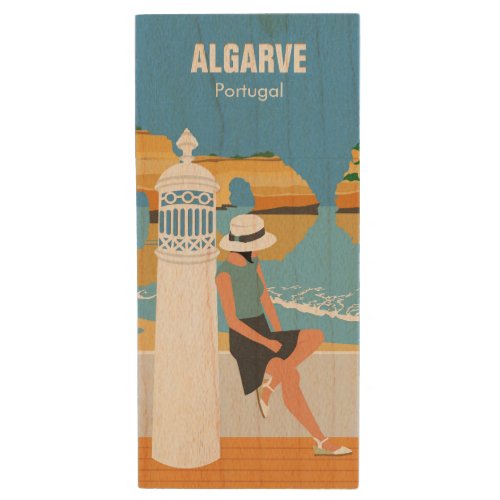 Algarve beach girl travel vintage style wood flash drive