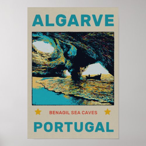 Algarve Benagil cave beach Portugal vintage travel Poster