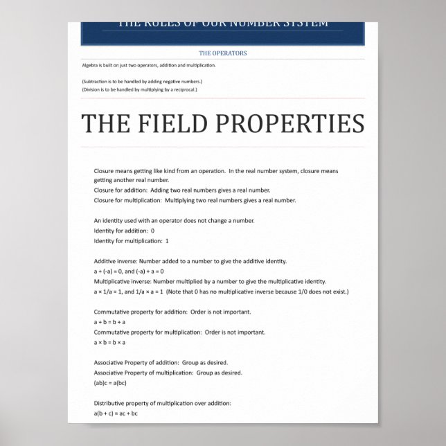 Algebraic Field Properties Poster  (Front)