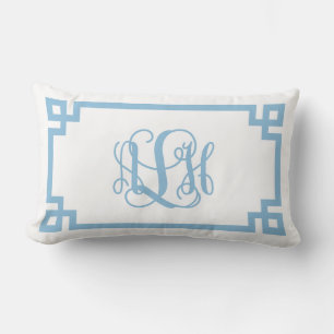 ALH Sky Blue Greek Key Script Monogram Lumbar Pillow