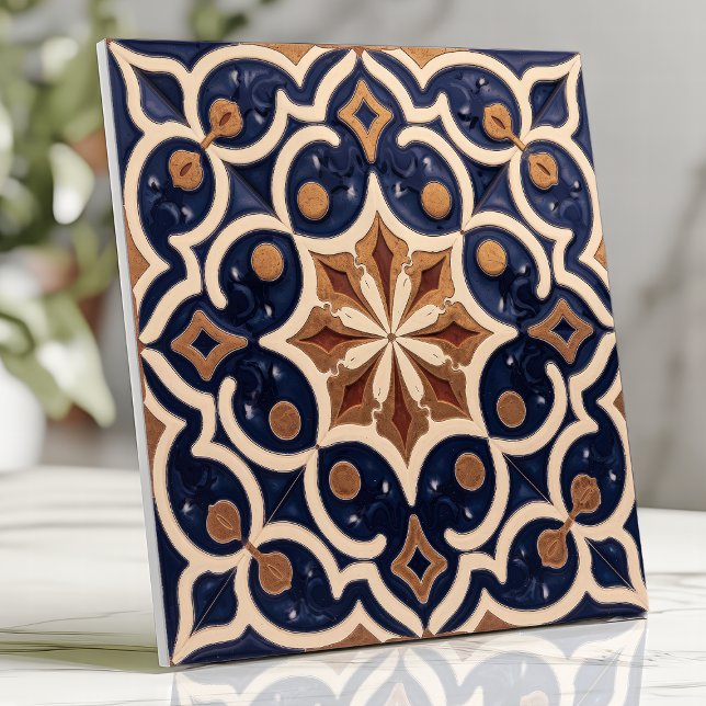 Alhambra Moorish Geometric Navy Blue Gold Ceramic Tile (Creator Uploaded)