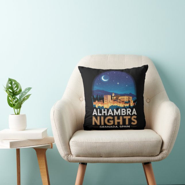 Alhambra Nights- Granada Spain Travel Art Throw Pillow (Chair)