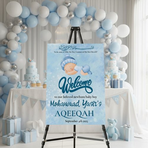 Alhamdulillah blue aqiqah baby boy welcome sign