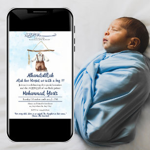 Alhamdulillah blue muslim baby boy cloth aqiqah invitation