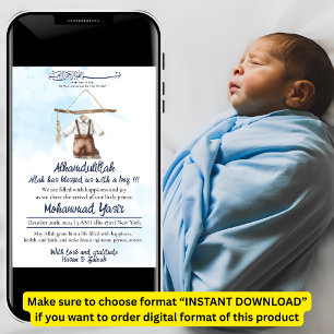 Alhamdulillah blue muslim baby boy cloth birth invitation
