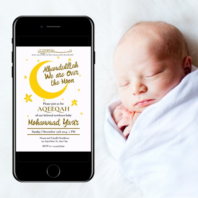 Alhamdulillah we are over moon aqeeqah muslim baby invitation (Creator Uploaded)