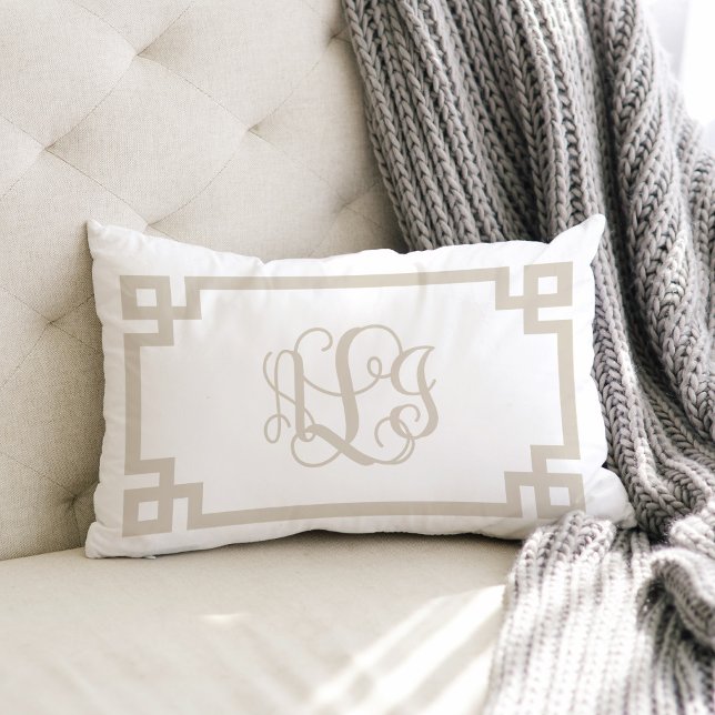 ALI Beige  and White Greek Key Script Monogram Lumbar Pillow (Creator Uploaded)