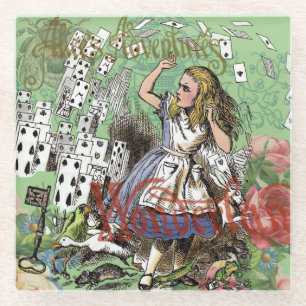 alice adventure cards wonderland hatter rabbit  glass coaster