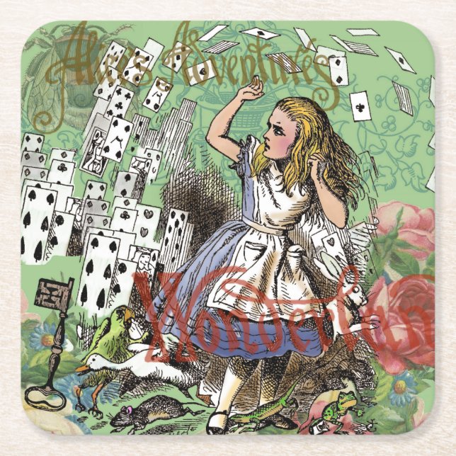 alice adventure cards wonderland hatter rabbit  square paper coaster (Front)