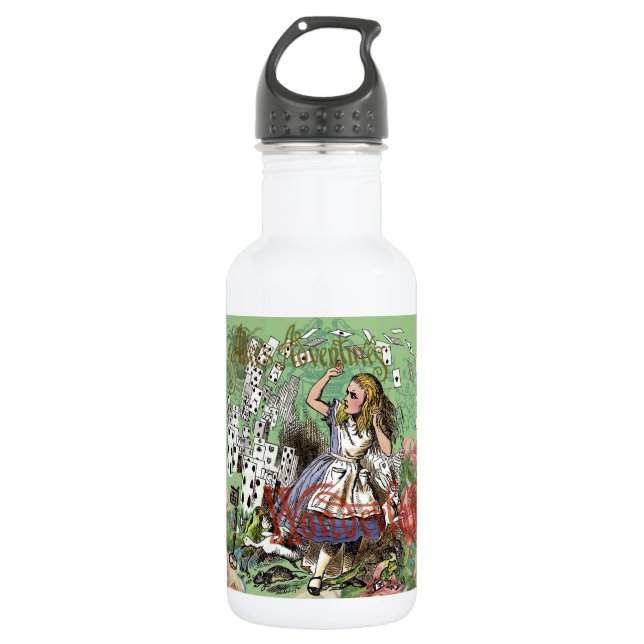 alice adventure cards wonderland hatter rabbit  water bottle (Front)