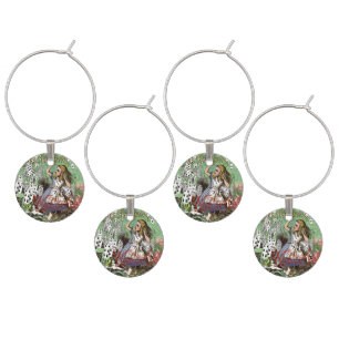 alice adventure cards wonderland hatter rabbit  wine glass charm