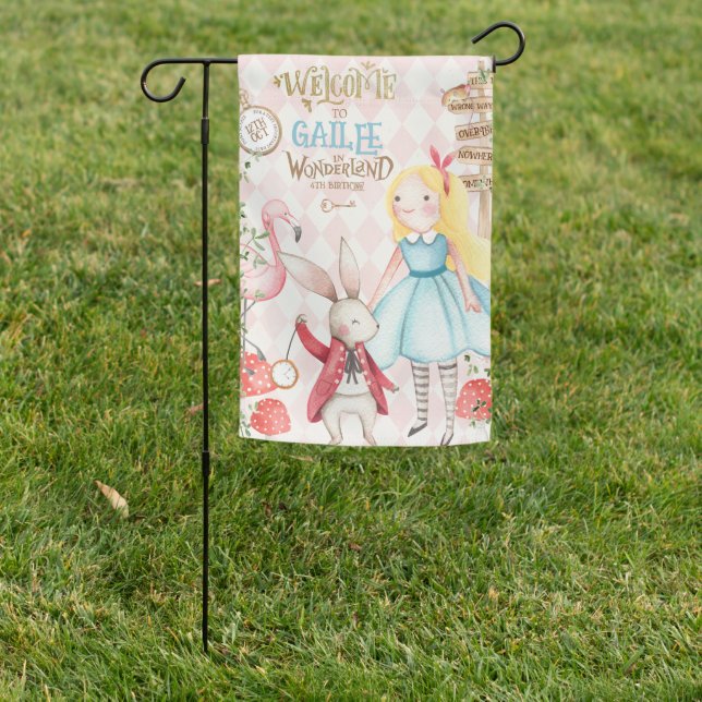 Alice Adventures in Woderland Birthday Tea Party Garden Flag (In SItu)