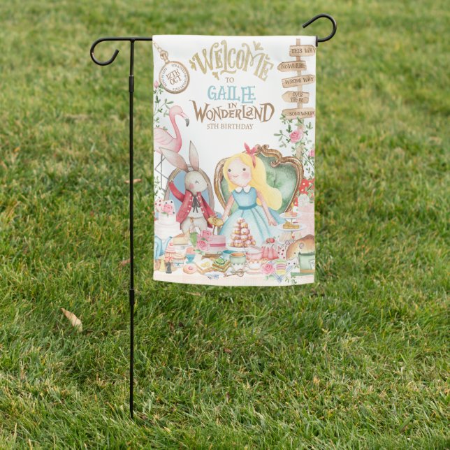 Alice Adventures in Woderland Birthday Tea Party Garden Flag (In SItu)