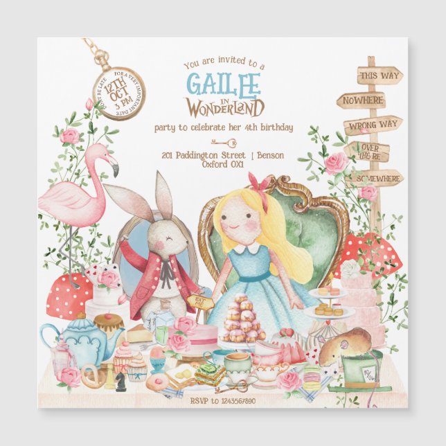 Alice Adventures in Woderland Birthday Tea Party Magnetic Invitation (Front)