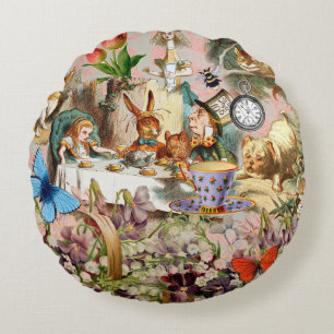 Alice Adventures in Wonderland Tea Party Art Round Pillow