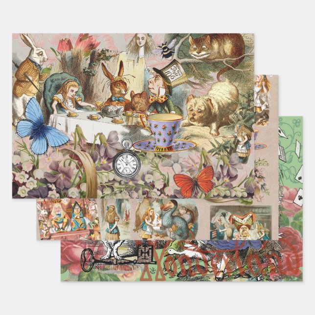 Alice Adventures in Wonderland Tea Party Art Wrapping Paper Sheets (Set)