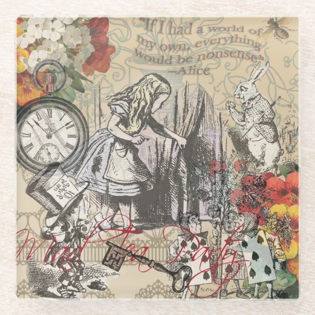 Alice Adventures Wonderland Curtain Classic Art Glass Coaster (Front)
