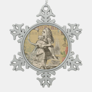 Alice Adventures Wonderland Flamingo Classic Snowflake Pewter Christmas Ornament
