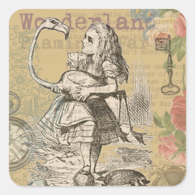 Alice Adventures Wonderland Flamingo Classic Square Sticker (Front)