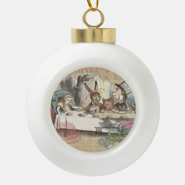 Alice Adventures Wonderland Mad Tea Party Art Ceramic Ball Christmas Ornament (Front)