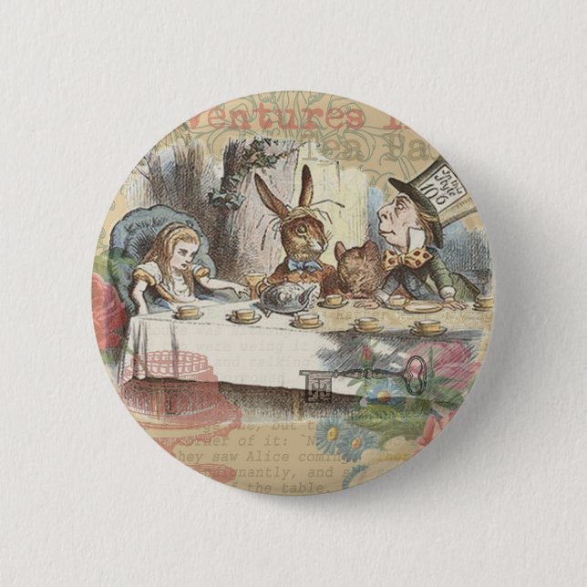 Alice Adventures Wonderland Mad Tea Party Art Pinback Button (Front)