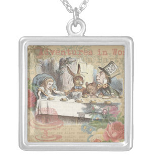Alice Adventures Wonderland Mad Tea Party Art Silver Plated Necklace