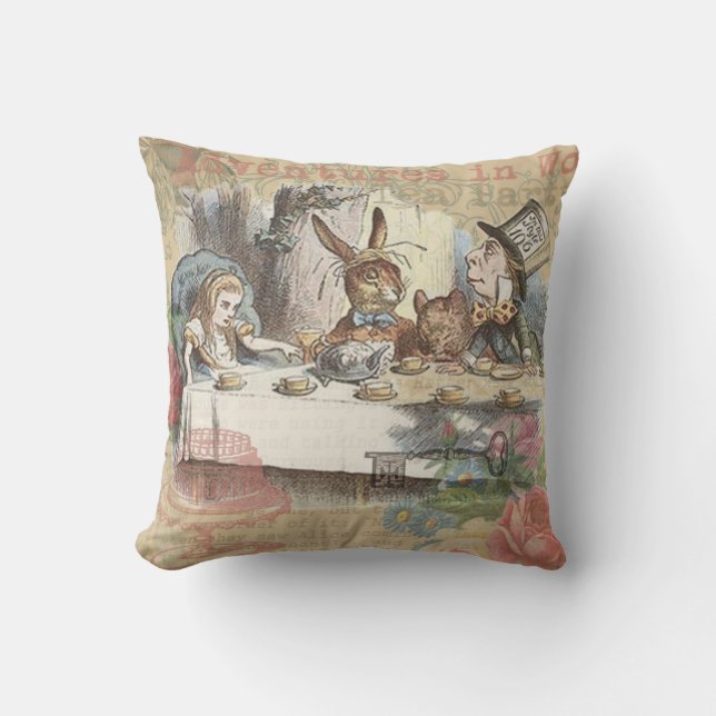 Alice Adventures Wonderland Mad Tea Party Art Throw Pillow (Front)