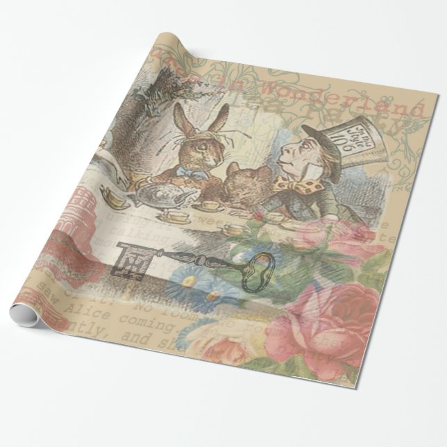 Alice Adventures Wonderland Mad Tea Party Art Wrapping Paper (Unrolled)