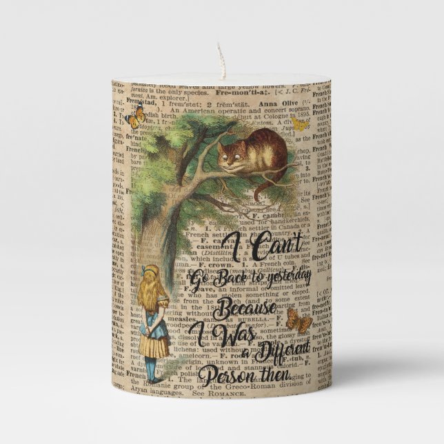 Alice and Cheshire Cat Quote Dictionary Art Pillar Candle (Front)