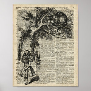 Alice and Cheshire Stencil Art On Old Book Page Poster