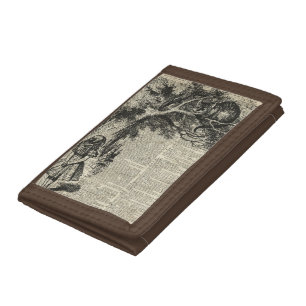 Alice and Cheshire Stencil Art On Old Book Page Trifold Wallet