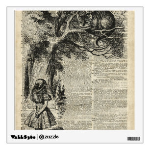 Alice and Cheshire Stencil Art On Old Book Page Wall Decal